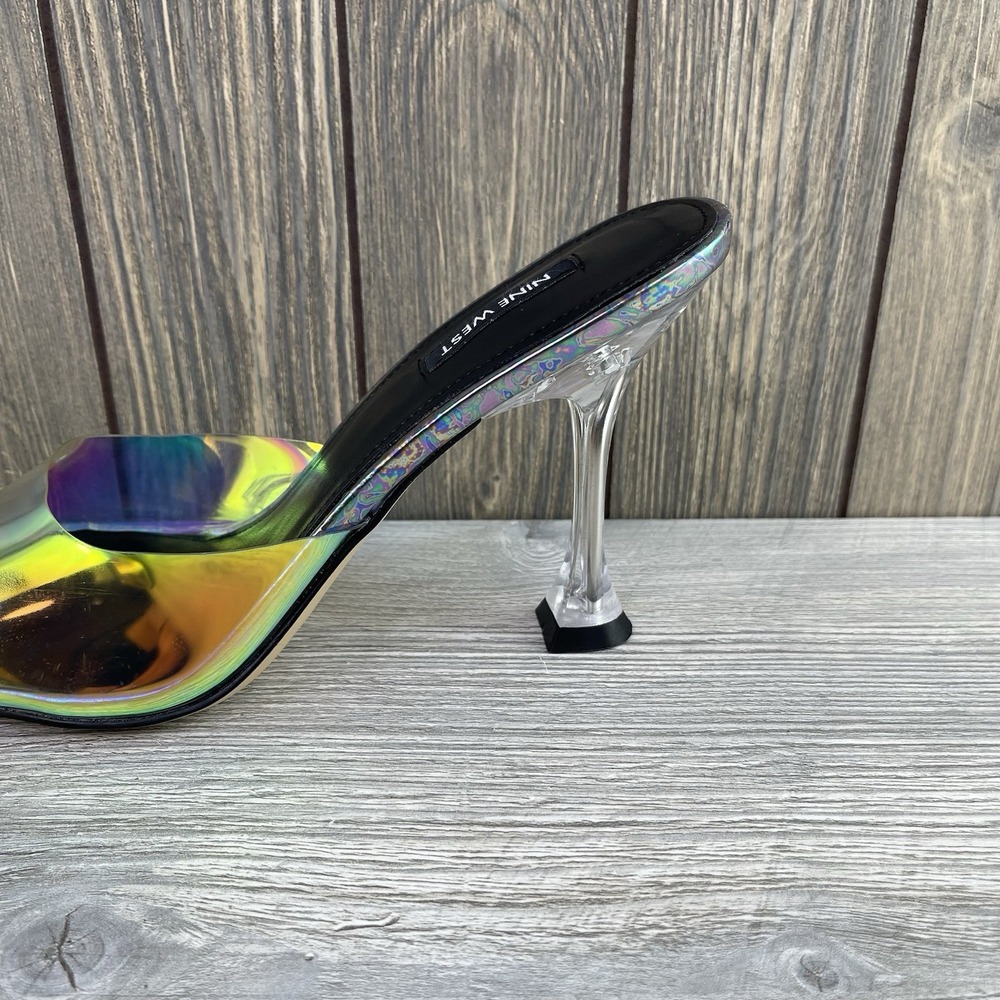 Nine West Holographic Clear Heel Mule Sandals Square Toe Rainbow Women's Size:10 - Picture 6 of 16